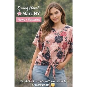 Marc New York Floral Blouse Medium Pink Tie Front Top Boho Chic Lightweight